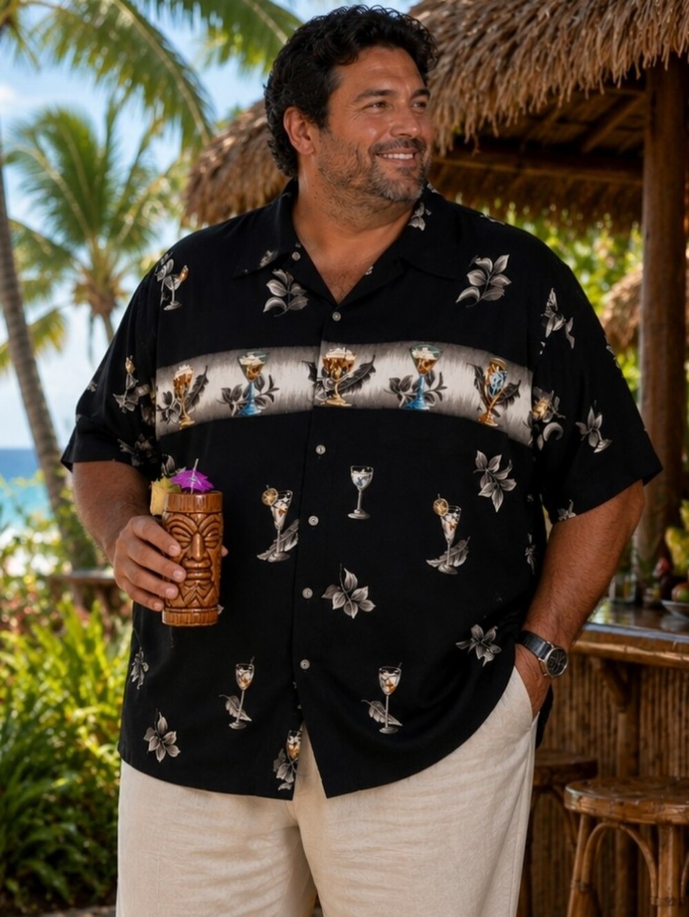Campia Martini and Feather Men's Hawaiian Shirt Hawaiiana Black Retro Size XXL